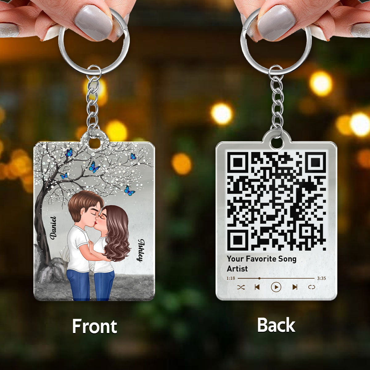 Couple Kissing Under Blossom Tree Favorite Song QR Code Personalized Acrylic Keychain