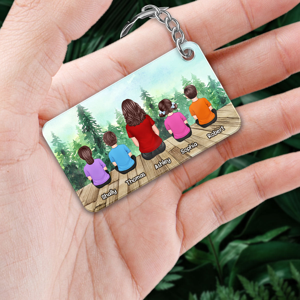 Mom And Kids Back View Sitting Forest Personalized Acrylic Keychain