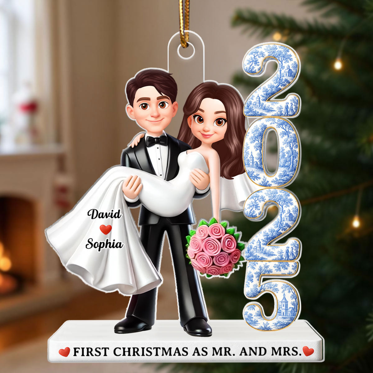 Couple First Christmas Married Toile de Jouy Style - Personalized Acrylic Ornament - Christmas Gift for Newlywed, Gift for him, Gift for her