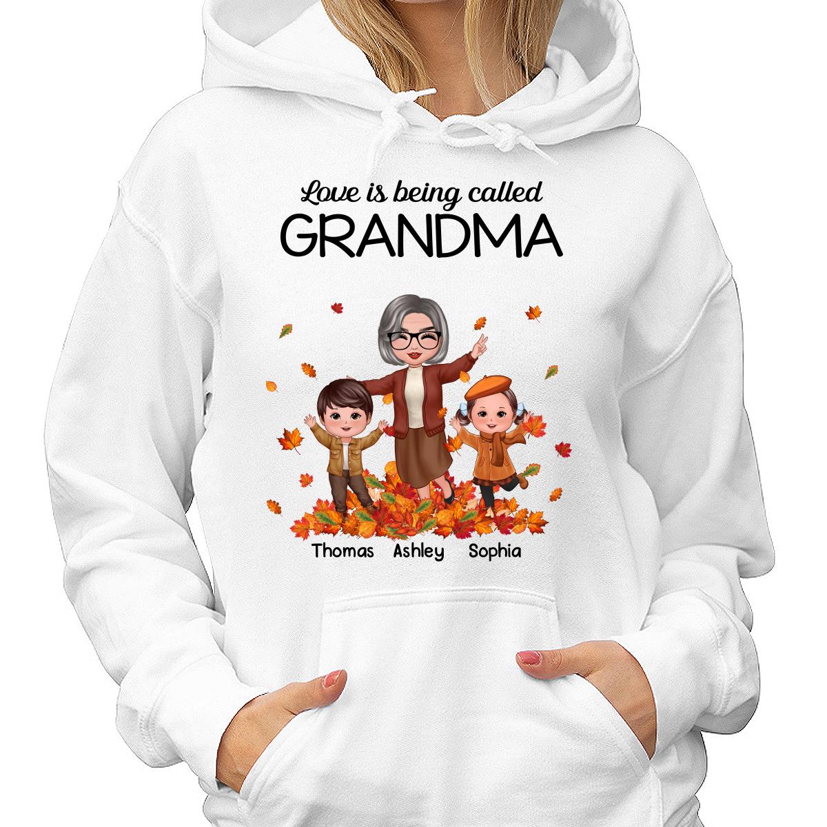 Fall Season Happy Doll Grandma And Grandkids Playing With Autumn Leaves Pile Personalized Shirt