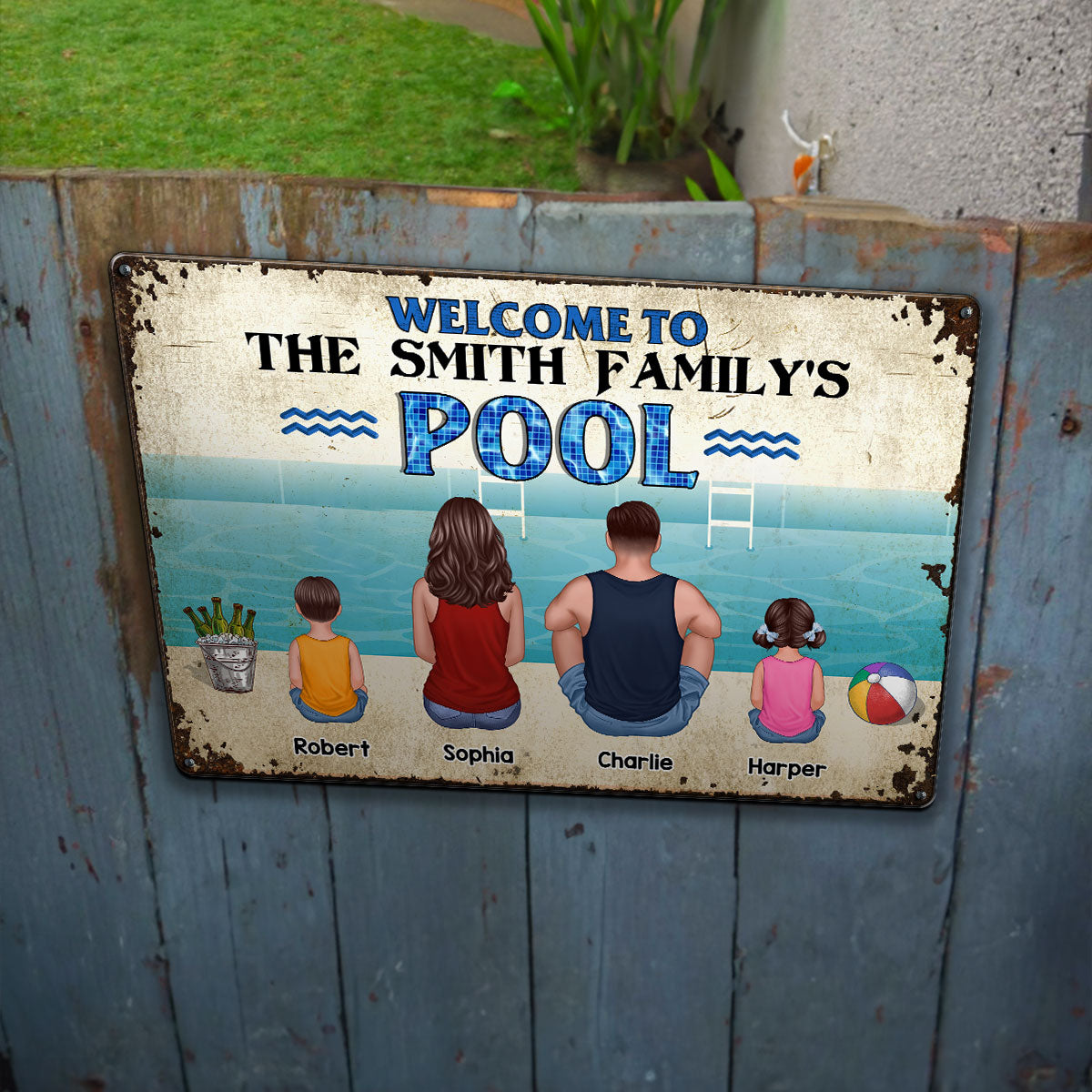 Welcome To Family Poolside Back View Personalized Metal Sign