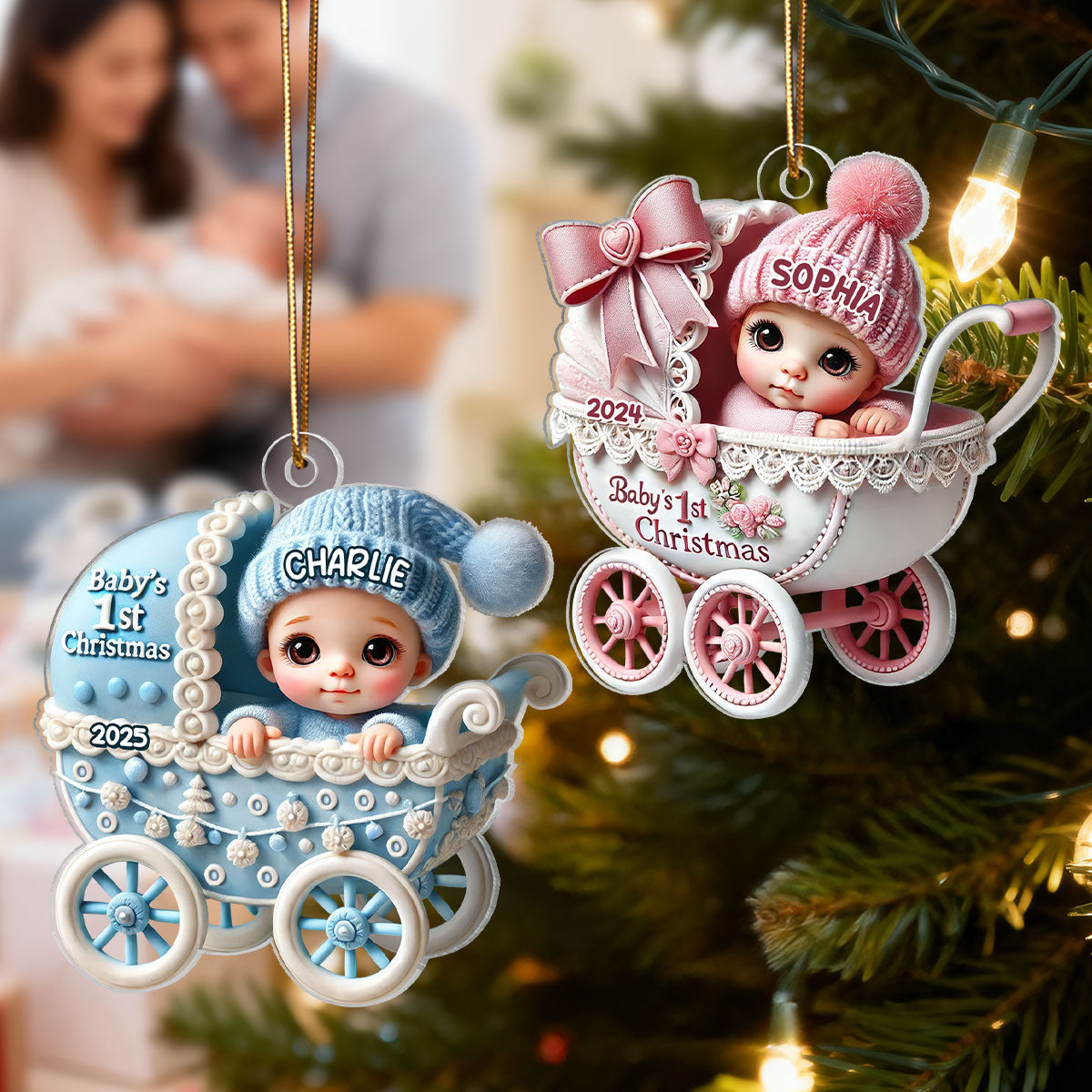 3D Effect Newborn Baby In Carriage Christmas Personalized Flat Acrylic Ornament, Christmas Gift For Newborns, New Parents