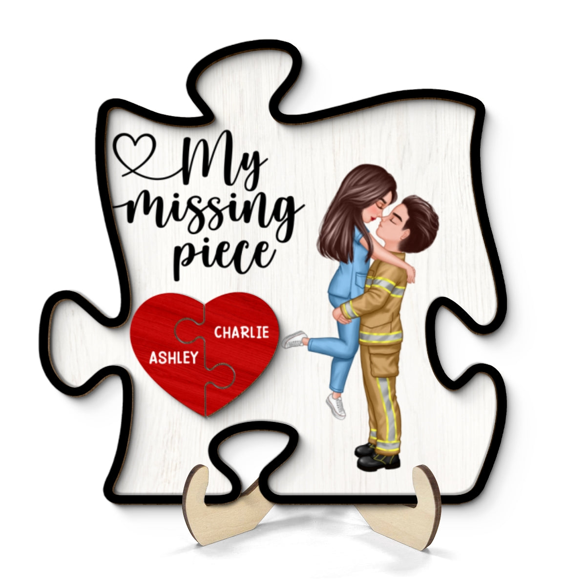 My Missing Piece Couple Hugging Kissing Valentine‘s Day Gifts by Occupation Gift For Her Gift For Him Firefighter, Nurse, Police Officer Personalized Puzzle Shaped 2-Layer Wooden Plaque