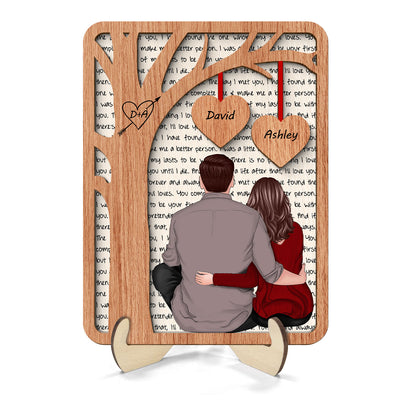 Back View Couple Sitting Under Tree Letters Background Personalized 2-Layer Wooden Plaque