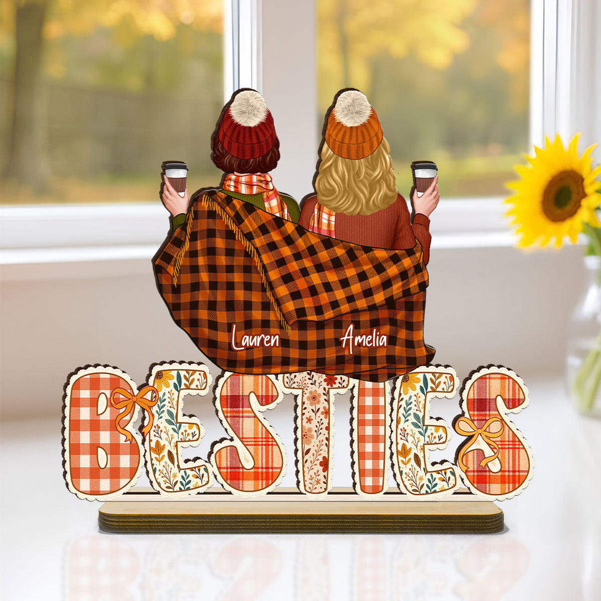 Cozy Besties Sisters In Blanket Sitting On Text Personalized Standing Wooden Plaque, Fall Season Decor