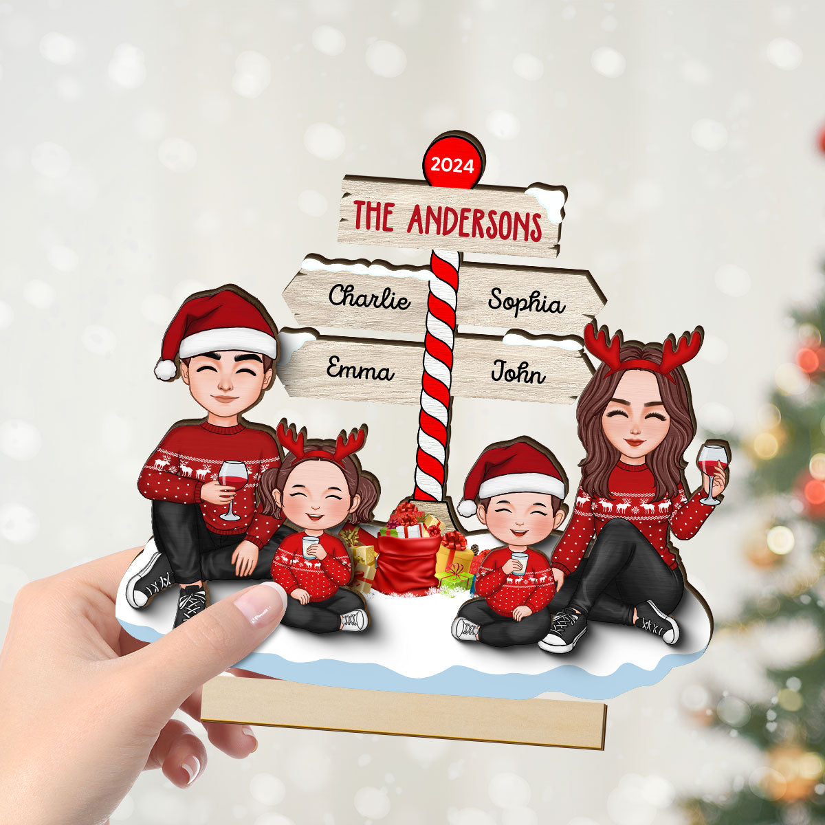 Cute Family Dad Mom Kids Sitting Christmas North Pole Personalized 2-Layer Standing Wooden Plaque