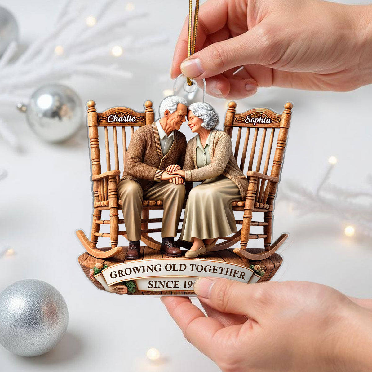 3D Effect Old Couple Sitting On Rocking Chairs Together Personalized Acrylic Ornament