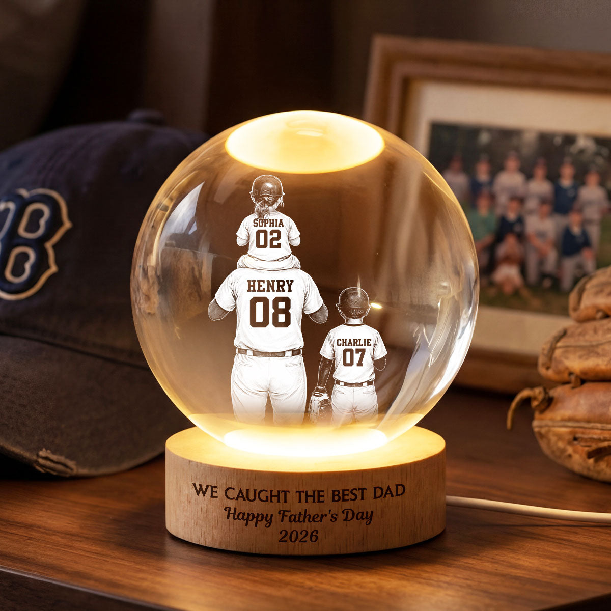 We Caught the Best Dad - Personalized Crystal Ball LED Night Light - Father's Day Gift for Dad, Husband