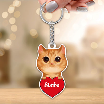 Peeking Watercolor Cute Cats Holding Heart Personalized Acrylic Keychain