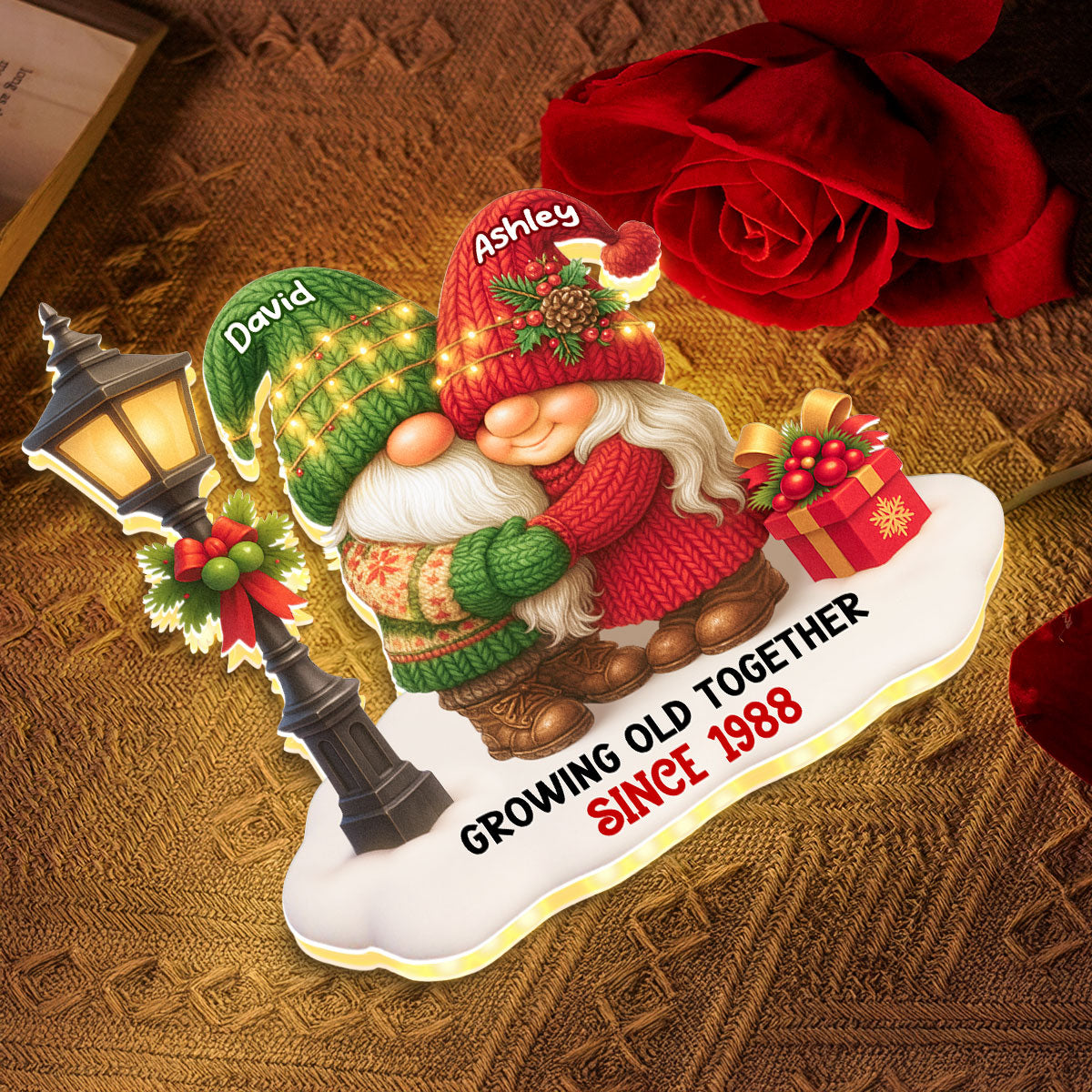 Gnome Christmas Couple Growing Old Together Personalized Light Box, Gift for him, for her