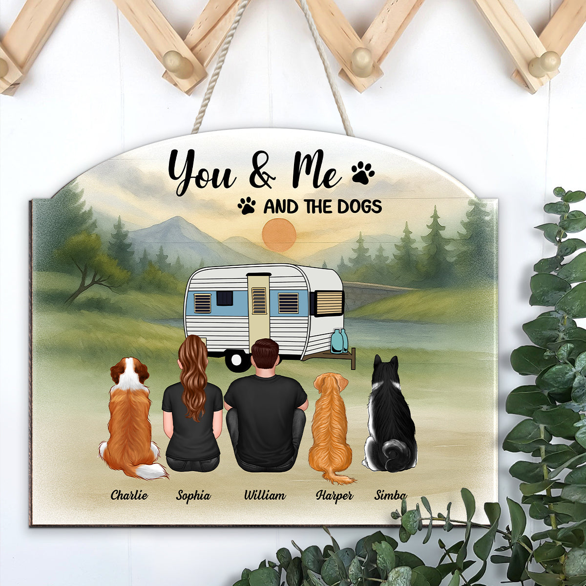 Couple And Dogs Camping Retro Mountain Personalized Wood Sign, Gift for Camping & Dog Lovers