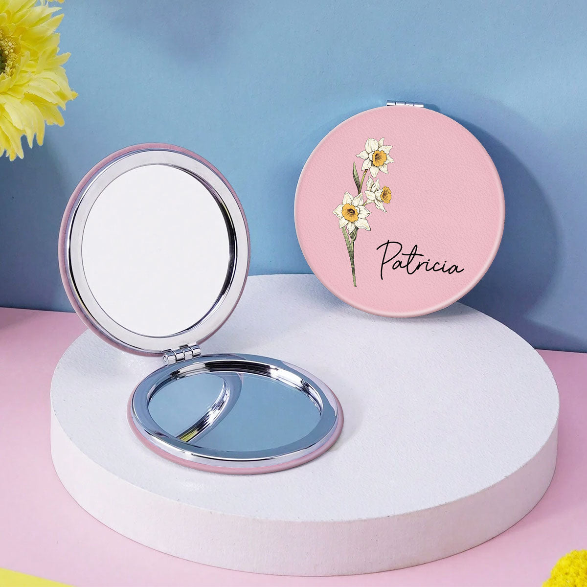 Beautiful Birth Month Flower Personalized Circle Compact Mirror, Birthday Gift
