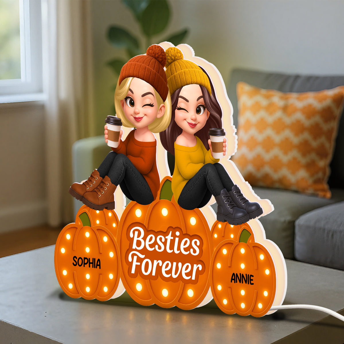 Fall Season Besties Sitting On Marquee Pattern Texture Pumpkins Personalized LED Light Box, Fall Gift For Best Friends
