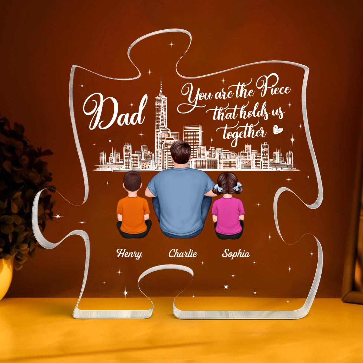 Dad You Are The Piece That Holds Us Together Back View Man Sitting With Kids Dogs Cats Personalized Puzzle Acrylic Block Plaque