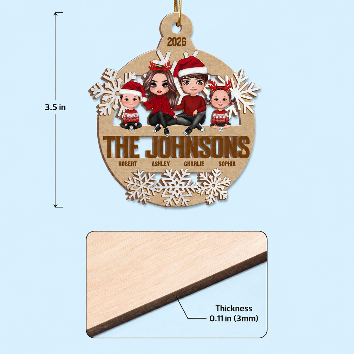 Snowflake Family Sitting Personalized Wooden Ornament