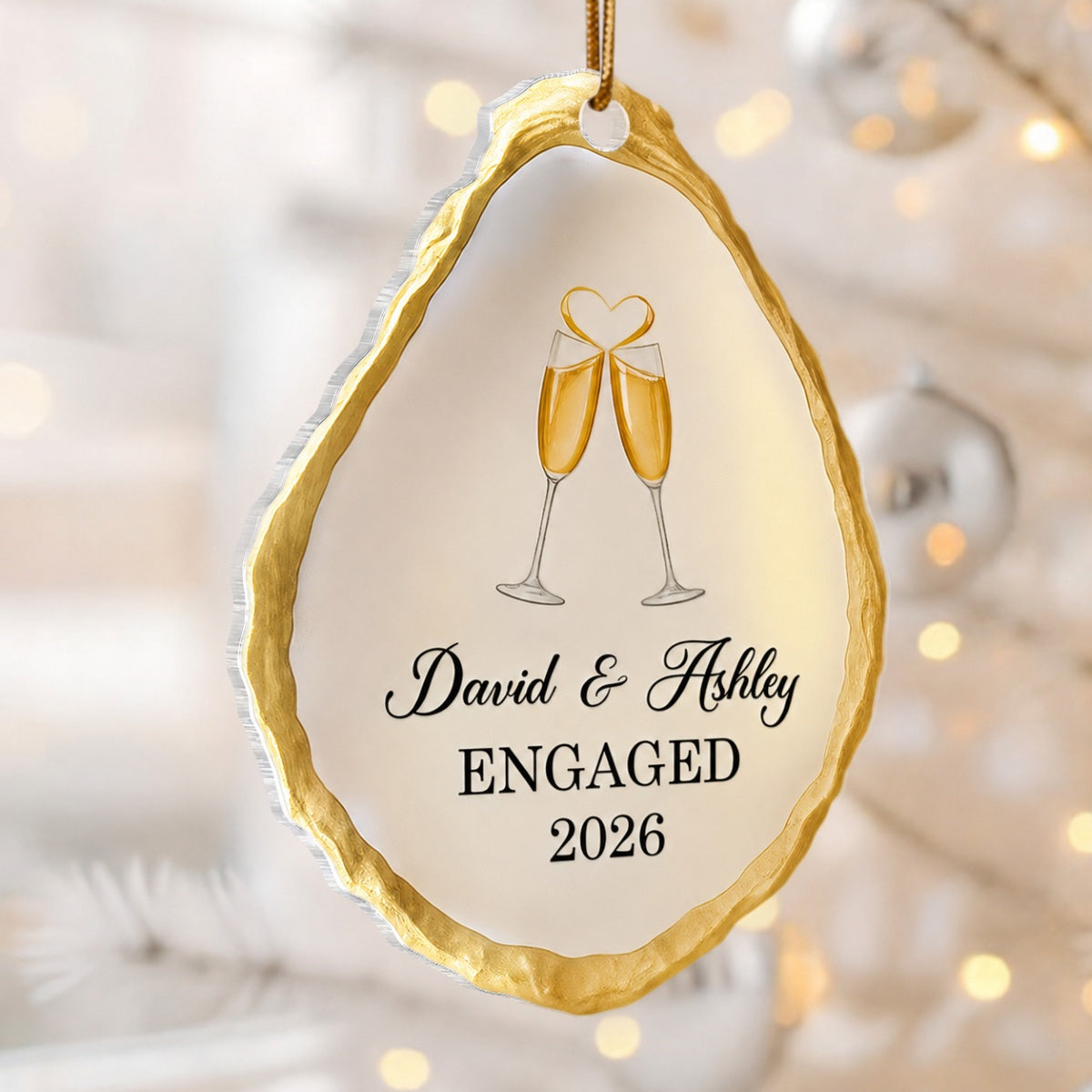 Oyster Shell Shaped Couple Engaged Personalized Flat Acrylic Ornament, Gift For Newly Engaged Couple