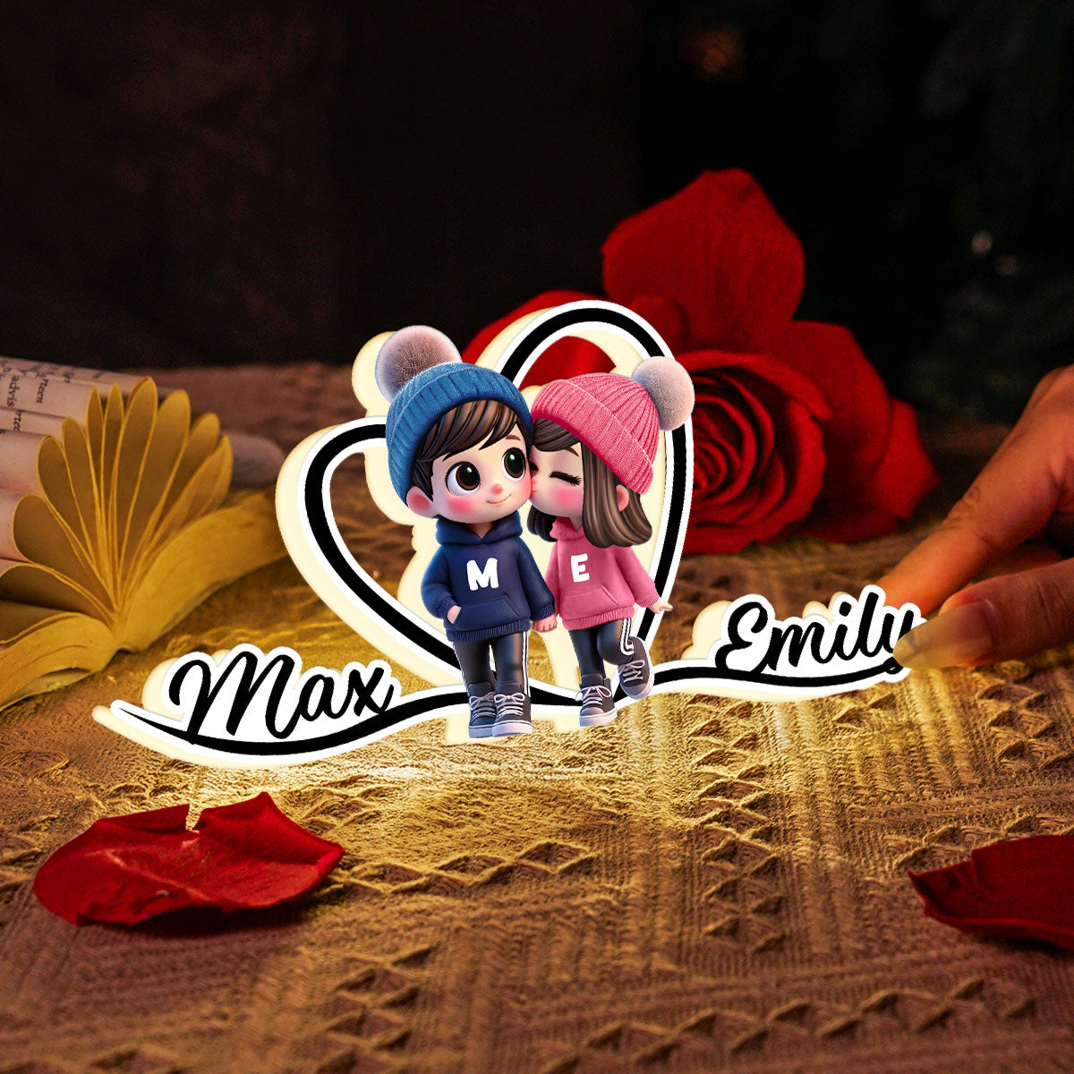 Cute Cartoon Couple Walking Heart Shape With Names Personalized Light Box, Anniversary Gift for Him for Her