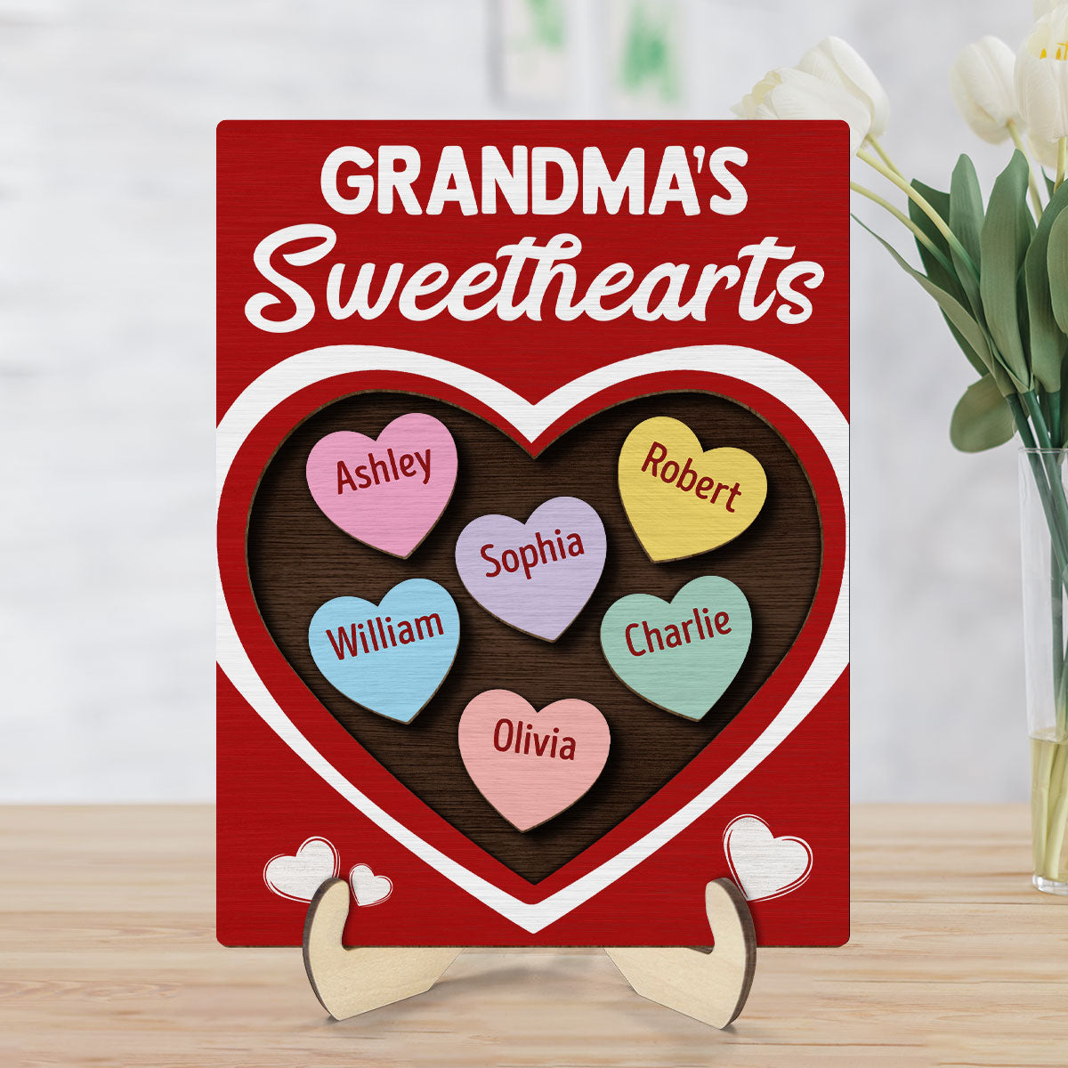 Grandma‘s Sweethearts Red Themed Valentine’s Day Gift For Grandma Personalized 2-Layer Wooden Plaque