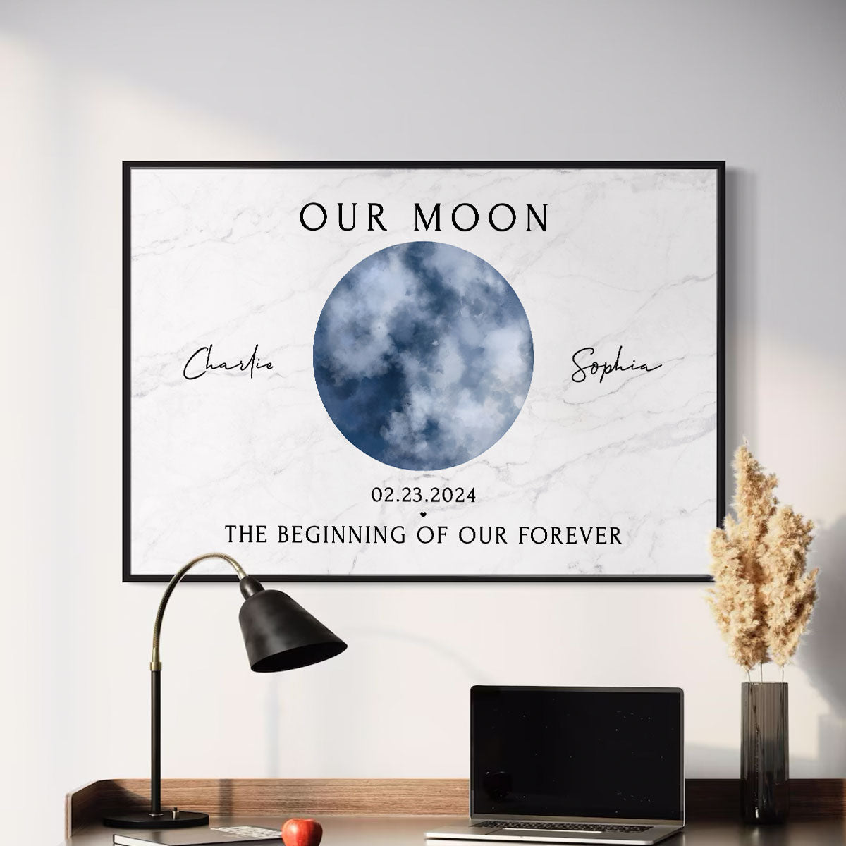 Watercolor Moon Phase Art Our Moon Couple Personalized Poster, Anniversary Gift, Wedding Gift