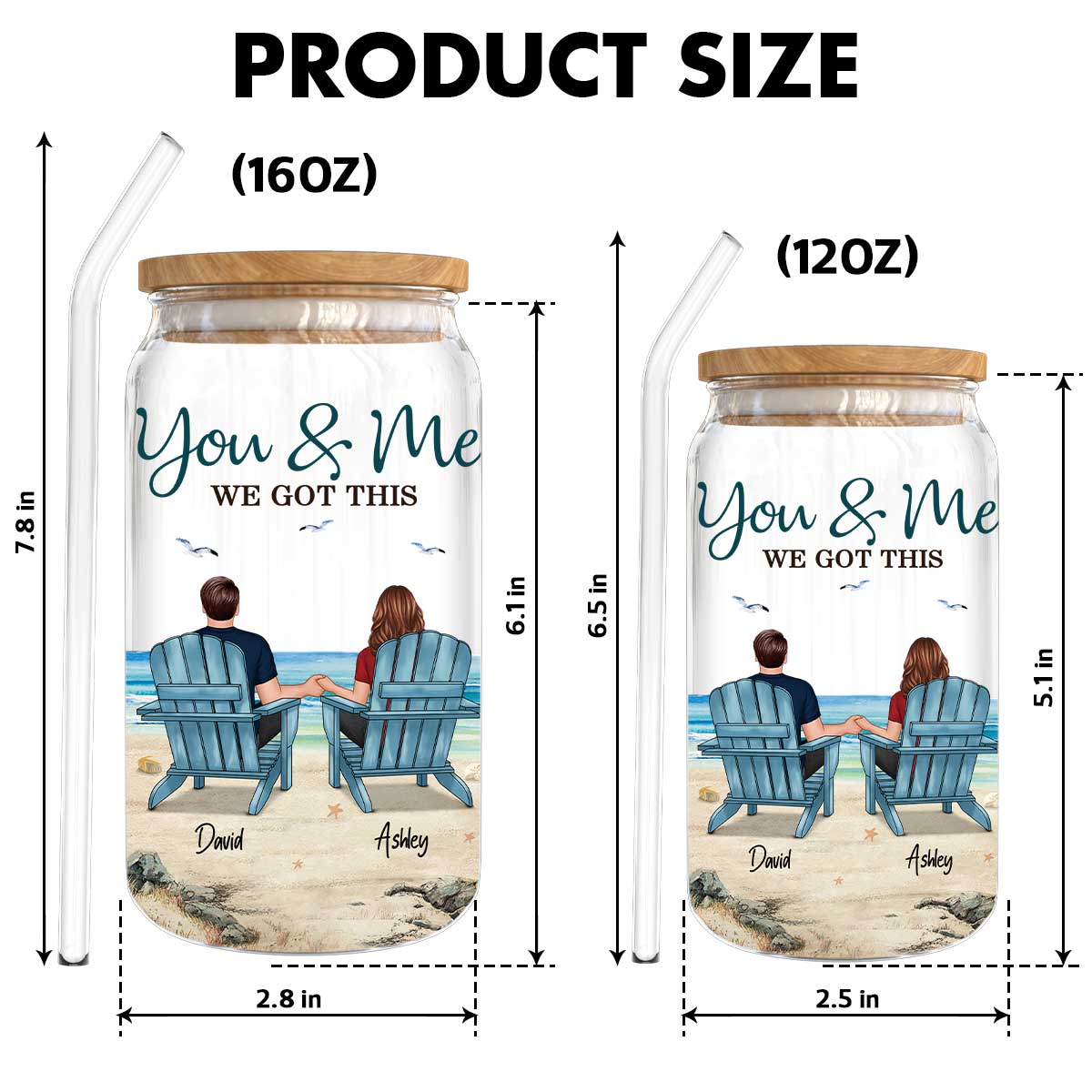Back View Couple Sitting Beach Landscape Personalized Clear Glass Can