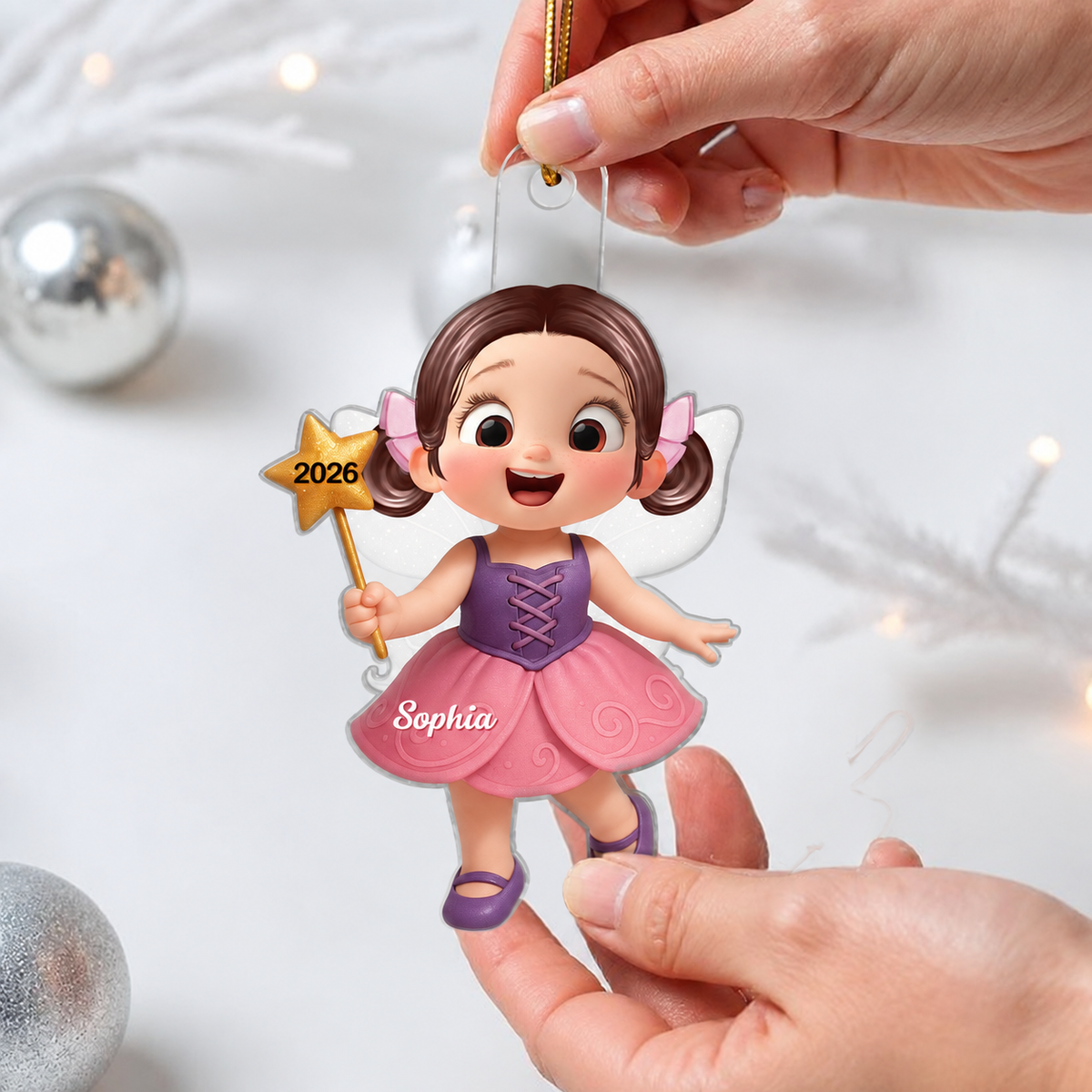 3D Effect Cute Cartoon Fairy Kid Christmas Personalized Acrylic Ornament, Beautiful Gift For Grandkids