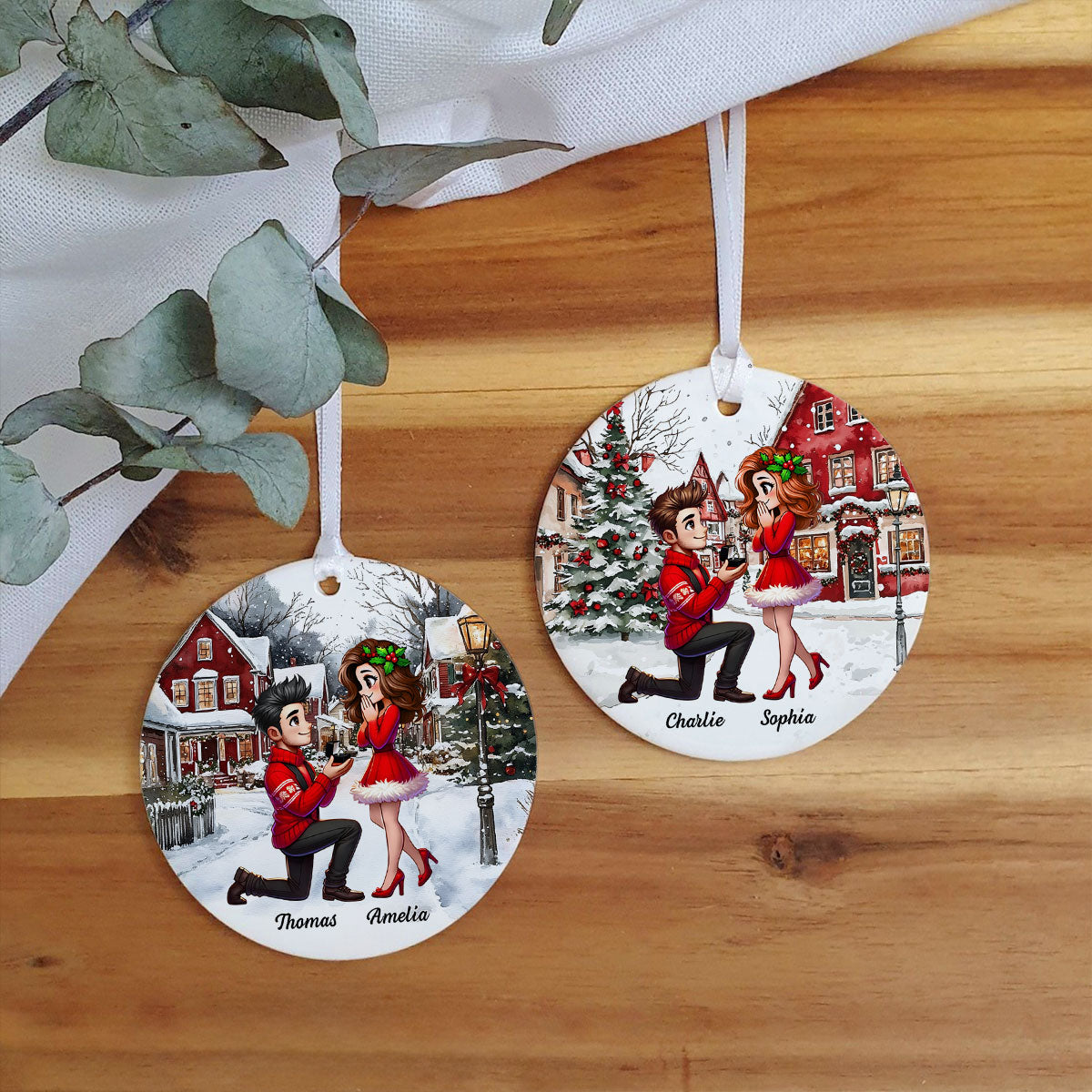 Snowy Scene Couple Marriage Proposal Personalized Ceramic Ornament, Custom Just Engaged Christmas Gifts for Couples
