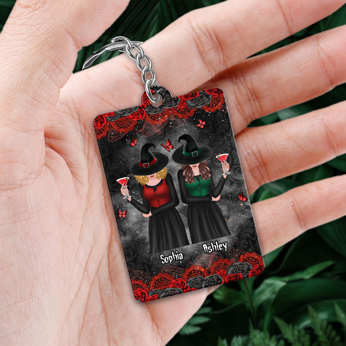 Roses Halloween Front View Besties Witches Gift For Best Friends Personalized Acrylic Keychain