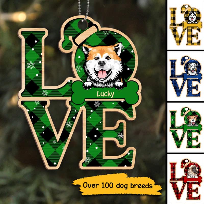 Checkered Pattern Dog LOVE Personalized Wooden Ornament