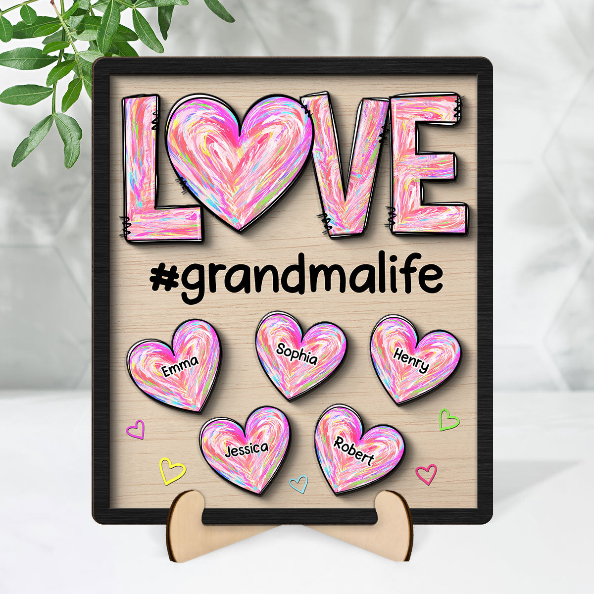 Grandma Mom Sweet Pink Hearts Personalized 2-layer Wooden Plaque