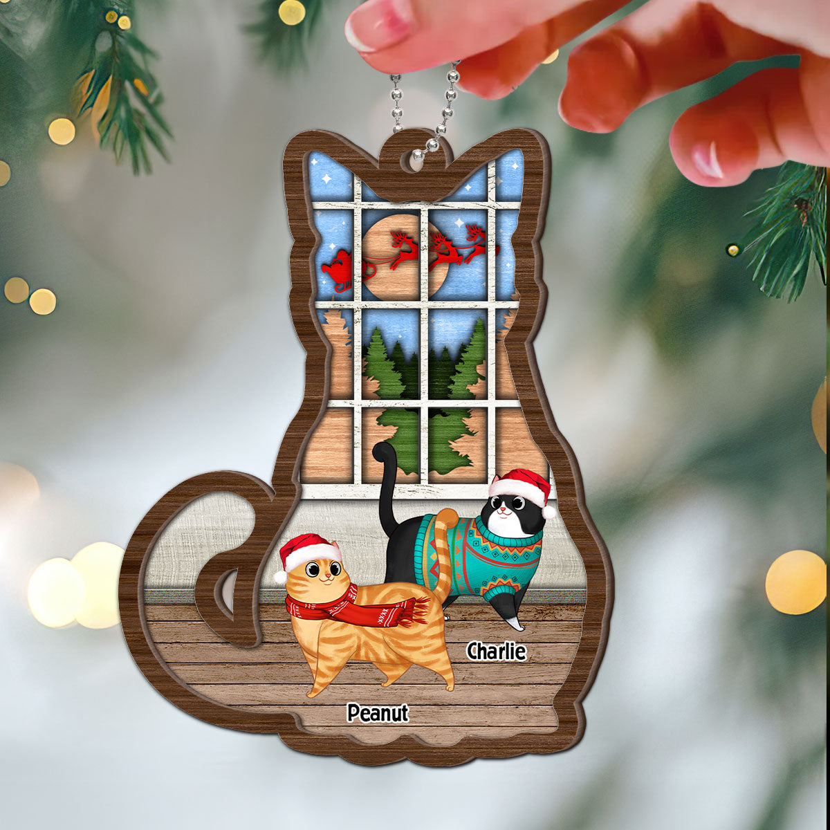 Full Cat Shaped Personalized Christmas 2-Layer Wooden Ornament