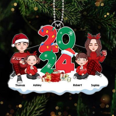 Cute Family Dad Mom Kids Dogs Cats Sitting By 2024 Christmas Personalized Acrylic Ornament