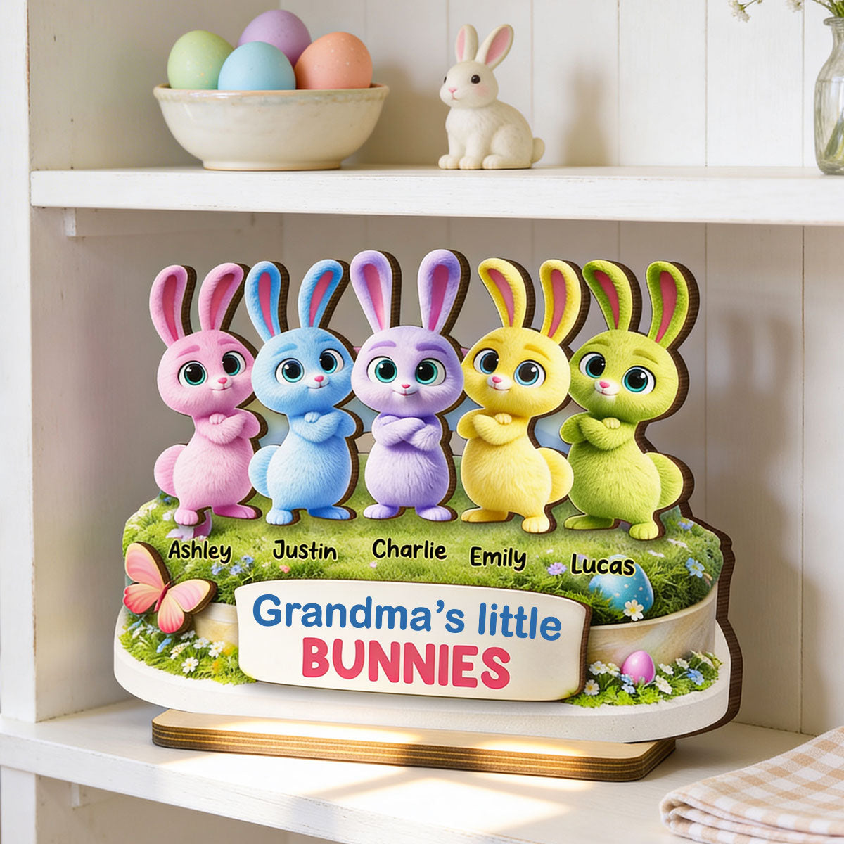 Grandma's Little Bunnies Cute Rabbits - Personalized 2-Layered Wooden Plaque - Easter Decor Gift for Grandma, Mom