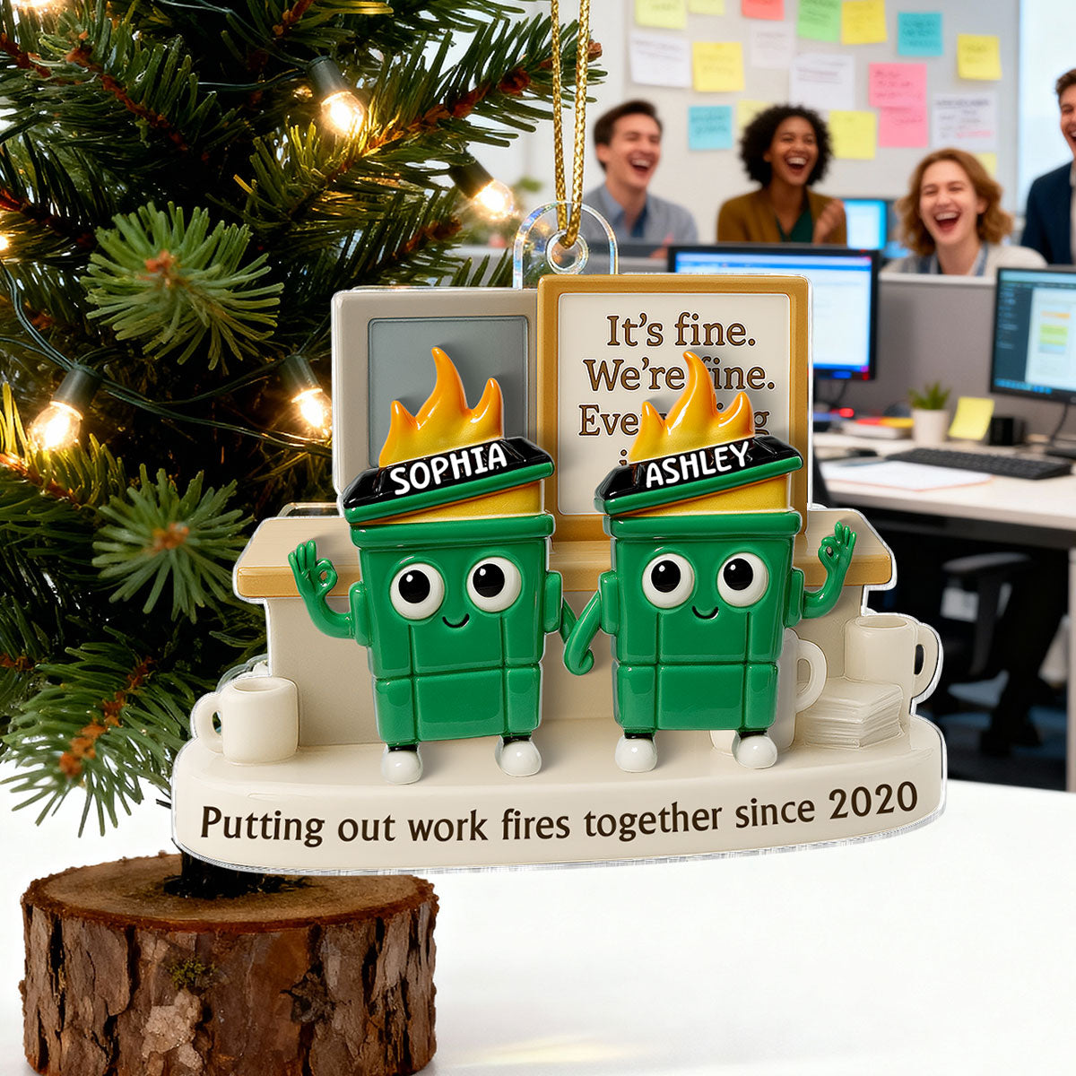 3D Effect Dumpster Fires Putting Out Work Fires Together - Personalized Acrylic Ornament - Funny Gift For Colleagues, Work Besties