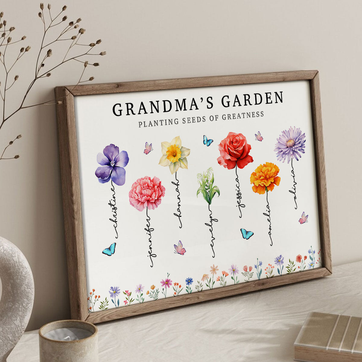 Grandma's Garden Planting Seeds Of Greatness, Birth Month Flower Personalized Poster, Christmas Gift For Grandma