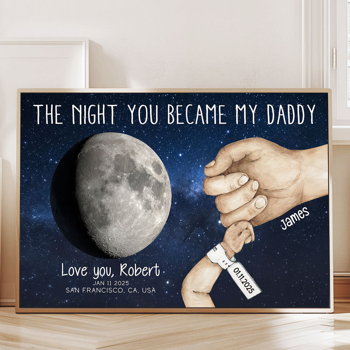 Daddy Newborn Holding Hands Moon Phase Art Personalized Poster, Gift For New Dad, First Time Dad