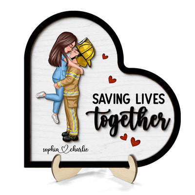 Saving Lives Together Couple Valentine‘s Day Gifts by Occupation Gift For Her Gift For Him Firefighter, Nurse, Police Officer Personalized 2-Layer Wooden Plaque