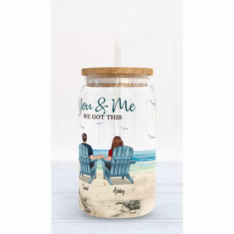 Back View Couple Sitting Beach Landscape Personalized Clear Glass Can