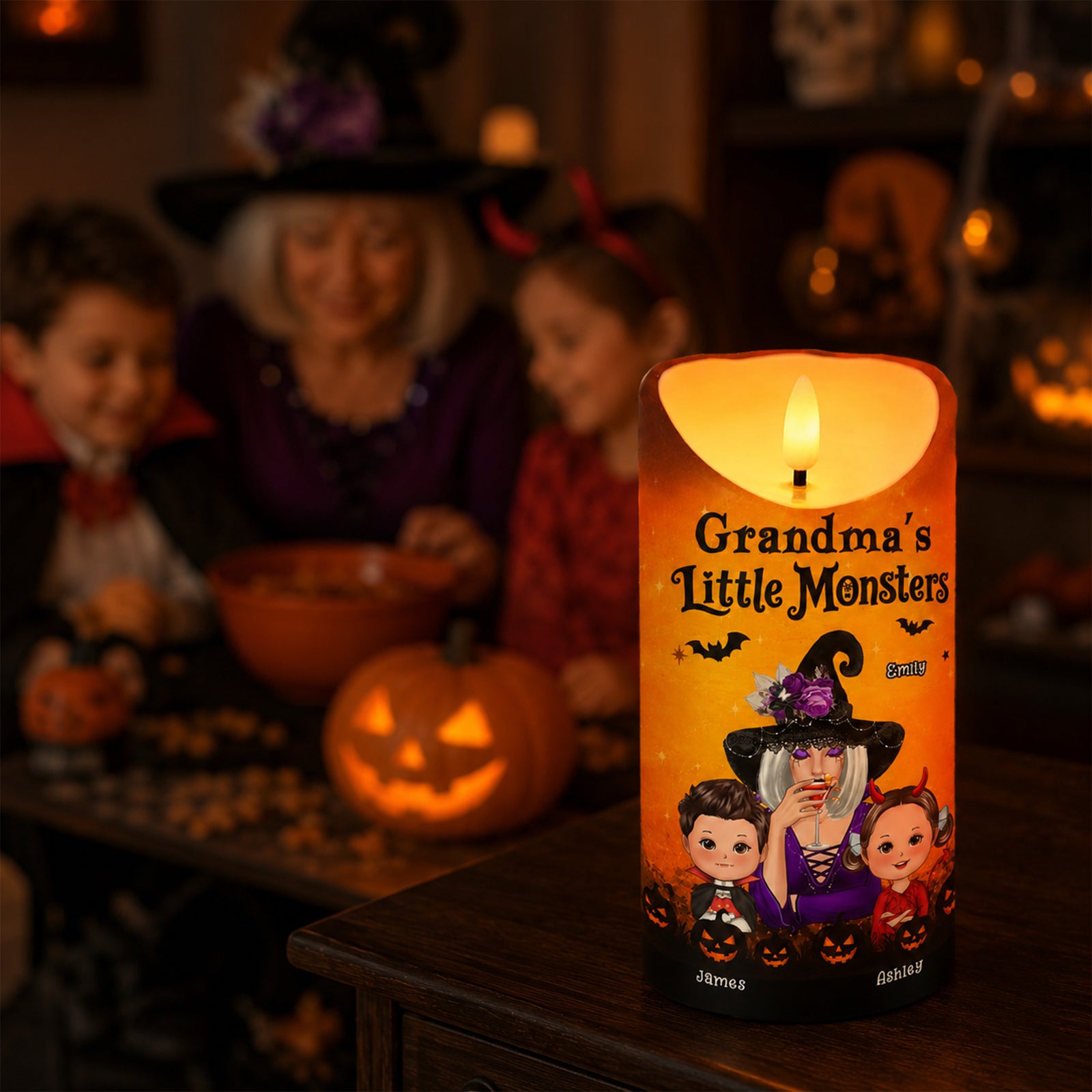 Grandma's Boo Crew Grandma Witch & Kids - Personalized LED Candle - Perfect Halloween Decor for Grandma
