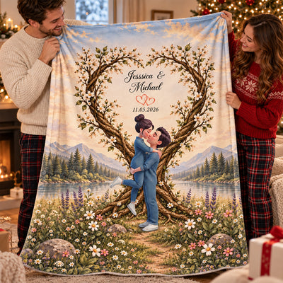 Couple Kissing Under Heart Tree - Personalized Fleece Blanket - Heartfelt Anniversary Christmas Gift for Her, for Him