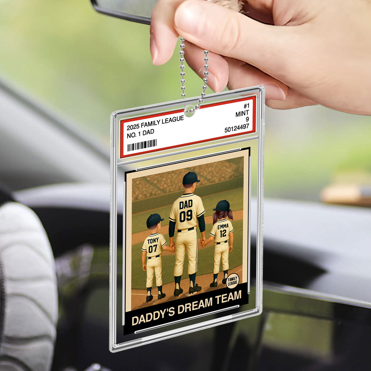 Baseball No. 1 Dad Man & Kids Trading Card Style Personalized Acrylic Car Ornament