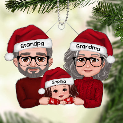 Grandpa Grandma & Grandkid New Face Grandparents & Kid Chin On Hands Christmas Gift Personalized Acrylic Ornament