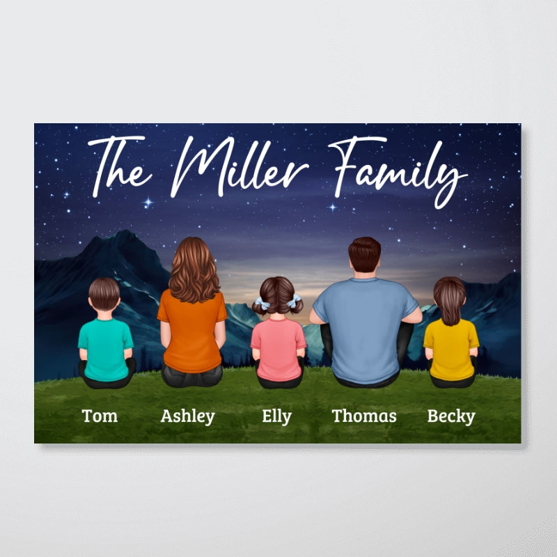 Family Couple Kids Dog Cat Sitting Under Starry Night Personalized Horizontal Poster