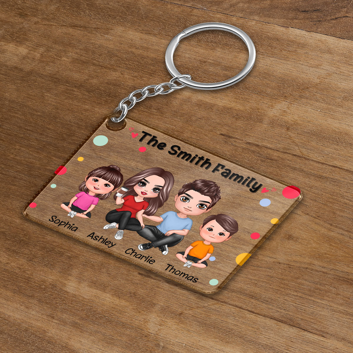 Polka Dot Pattern Whole Family Doll Couple Dad Mom Kids Dogs Cats Personalized Acrylic Keychain