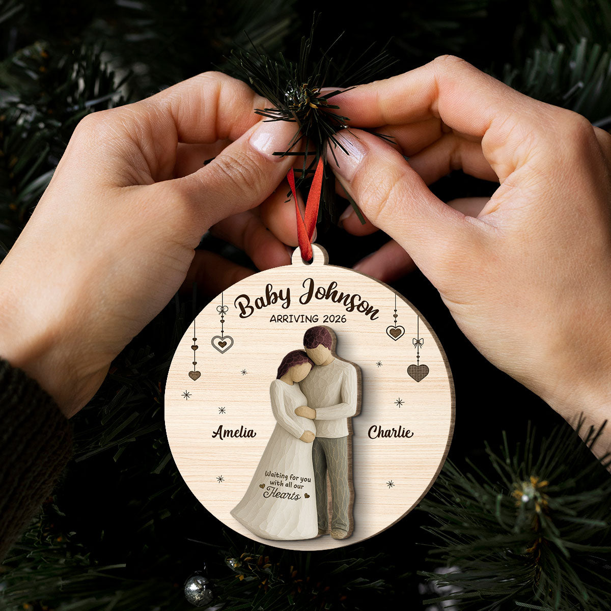 2D Flat Waiting For You With All Our Hearts Couple Expecting Baby - Personalized 2-Layer Wooden Ornament, Baby Shower Gift For Parents-to-be
