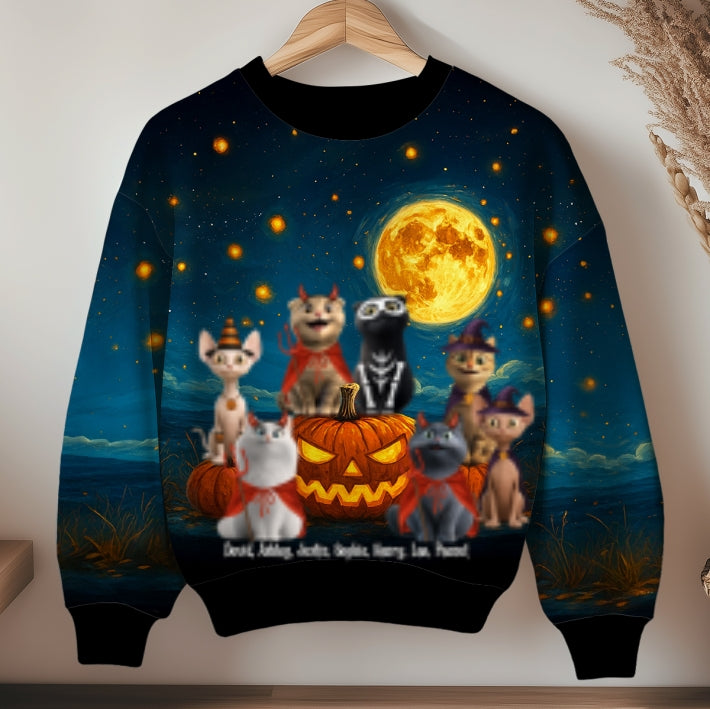 Halloween Cats Sitting in a Starry Night Personalized 3D Sweatshirt, Halloween Costume for Cat Lovers