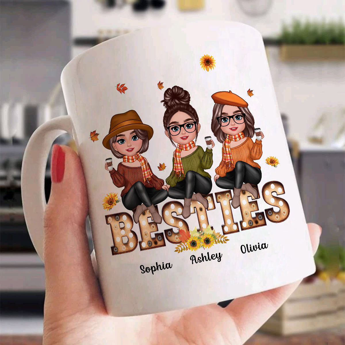 Fall Season Besties Sisters Sitting On Text Marquee Light Personalized Mug
