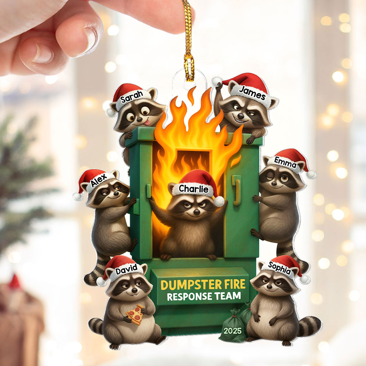 Cunning Raccoon Office Chaos Dumpster Fire Response Team - Personalized Acrylic Ornament - Funny Holiday Gift for Coworkers