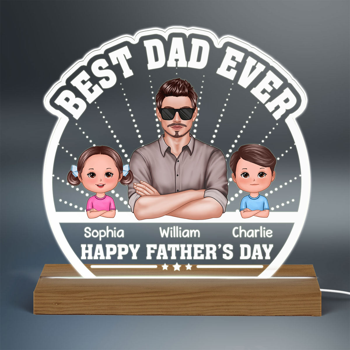 Best Dad Ever Crossed Hands Man Kids Dog Cat Personalized Custom Shaped Acrylic Plaque With Warm LED Night Light