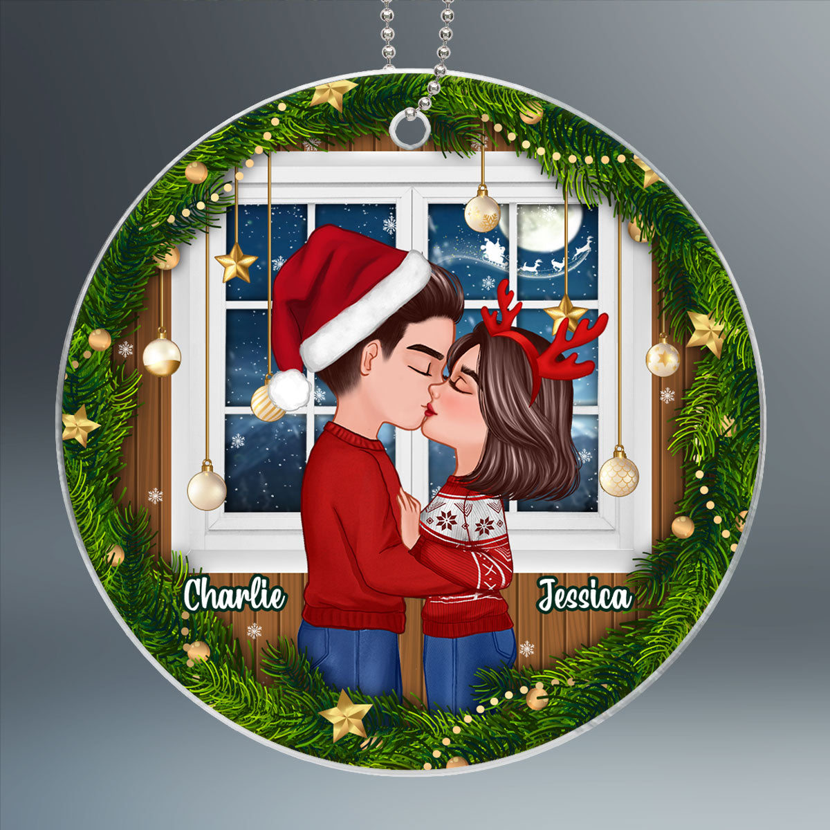 Couple Kissing By The Window Christmas Personalized Acrylic Ornament