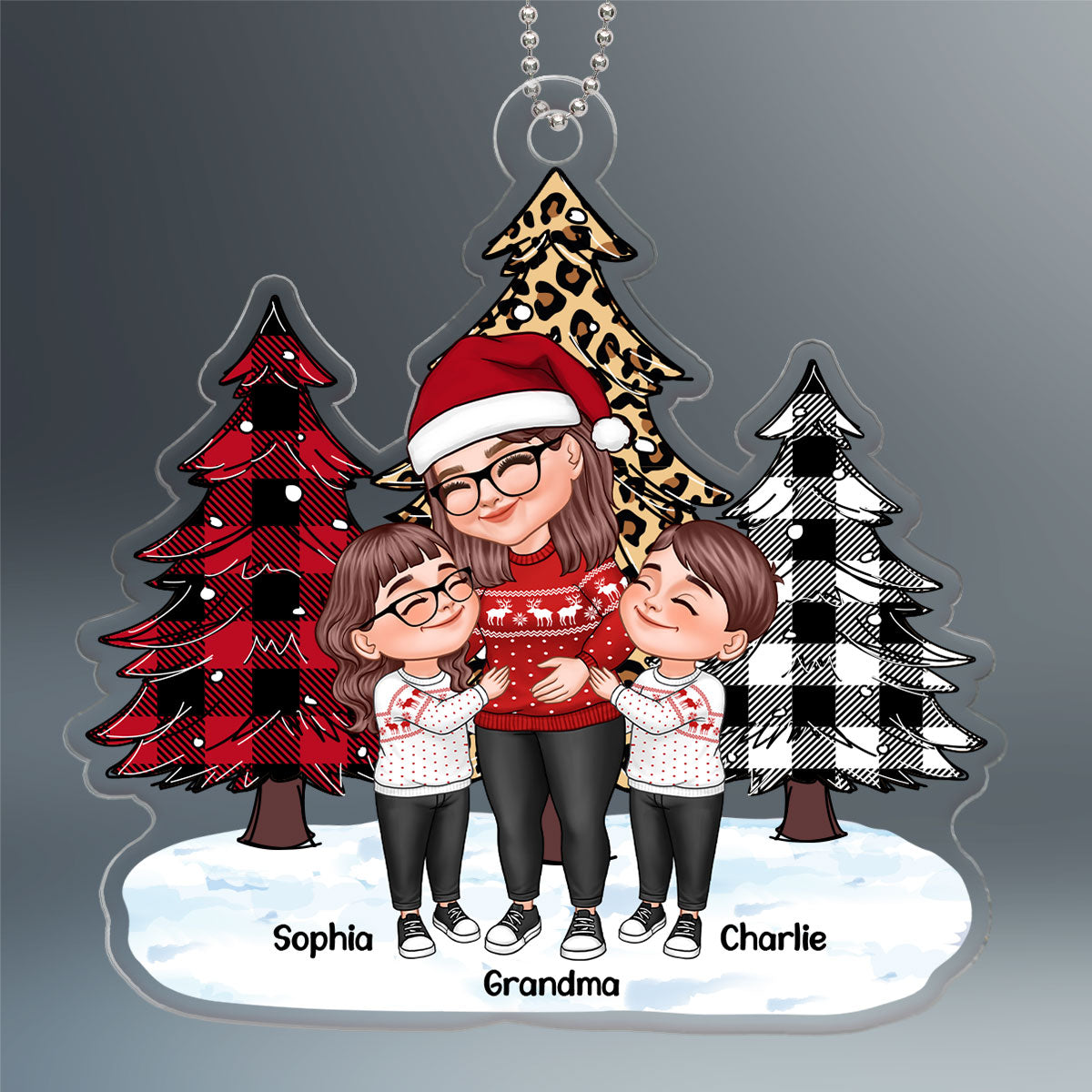 Leopard Checkered Pattern Christmas Tree Cartoon Grandma & Grandkids Hugging Personalized Acrylic Ornament